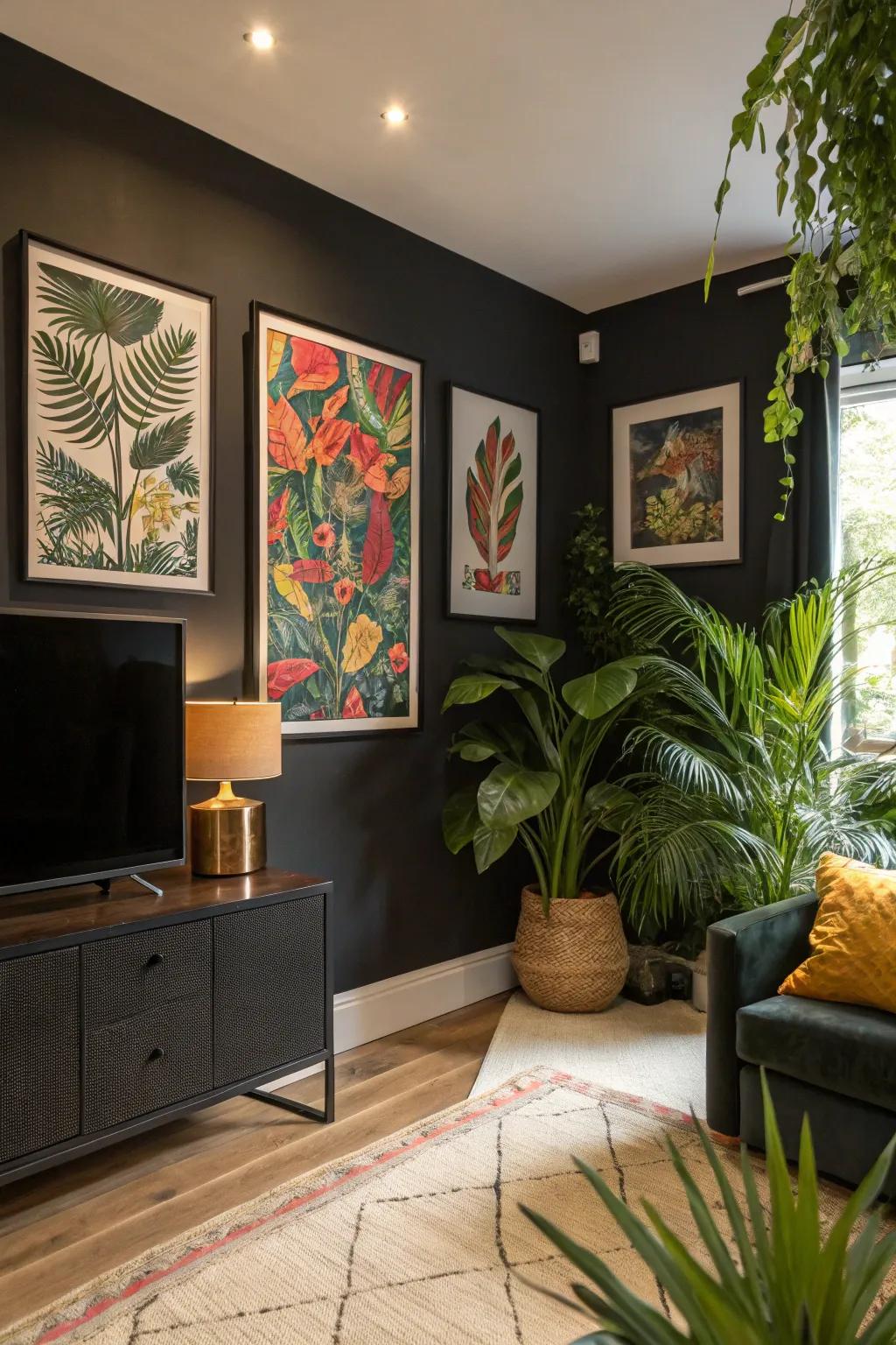 A vibrant lounge featuring a vibrant black feature wall.