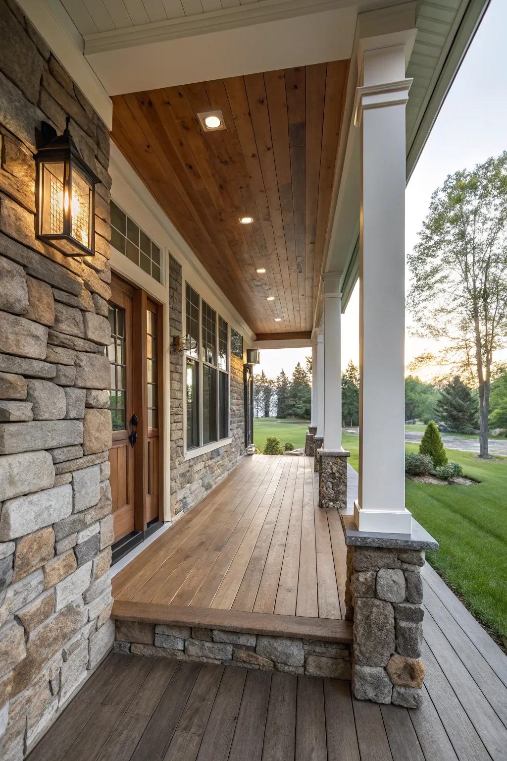 A porch with a visually appealing blend of materials.
