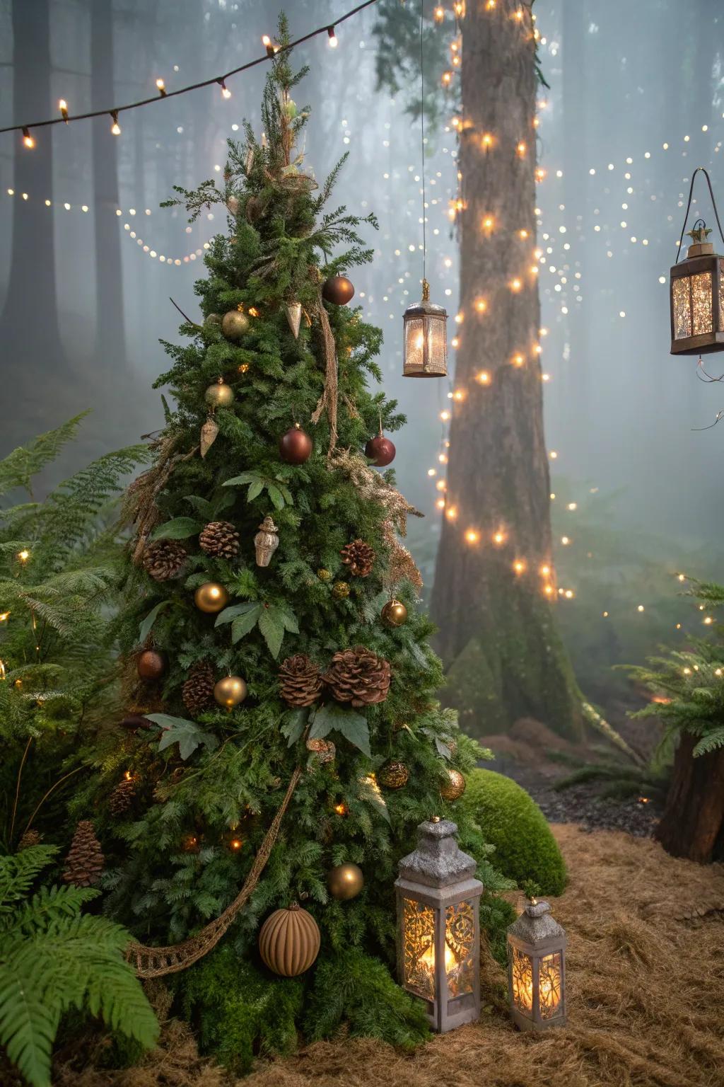 An enchanted forest-themed Christmas tree featuring bewitching woodland components.