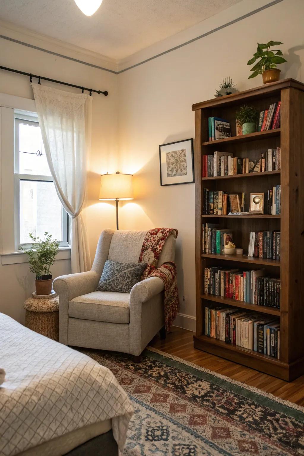 A reading nook offers a quiet retreat within an Airbnb bedroom.