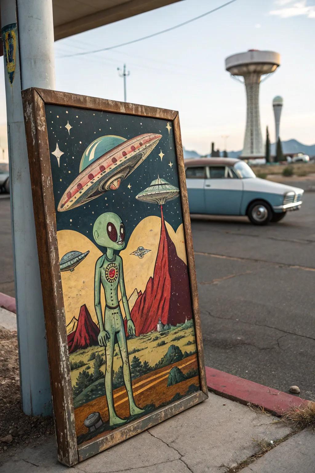 Retro alien art that nostalgically revisits classic sci-fi themes.