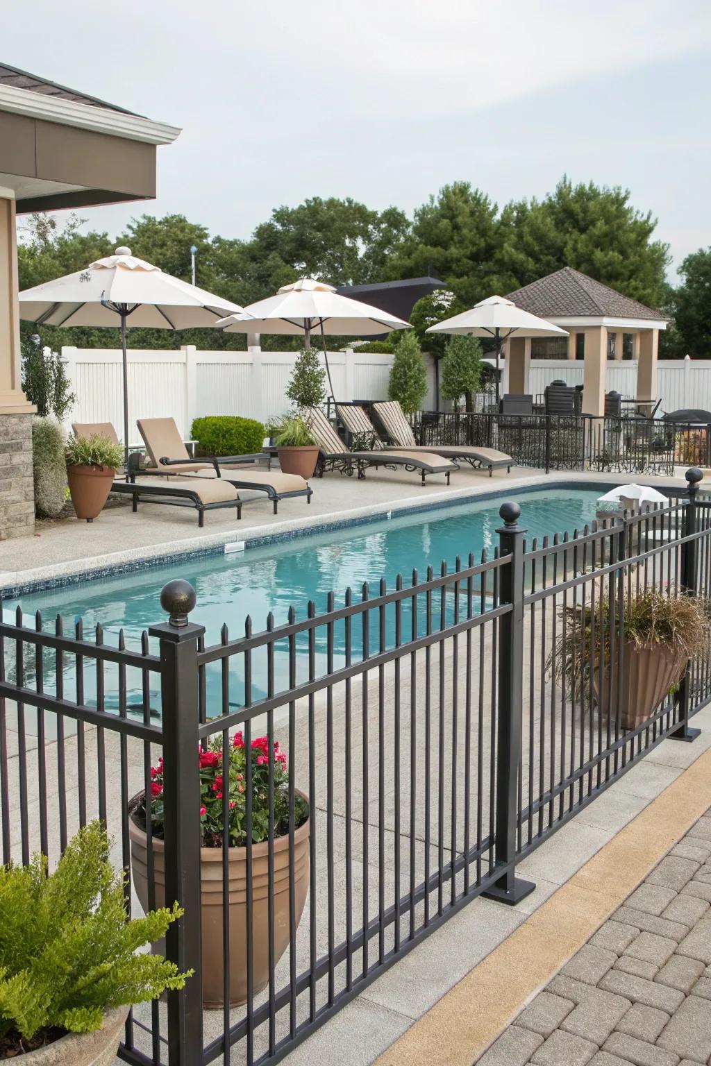 Sleek metal fences add safety and style to pool areas.