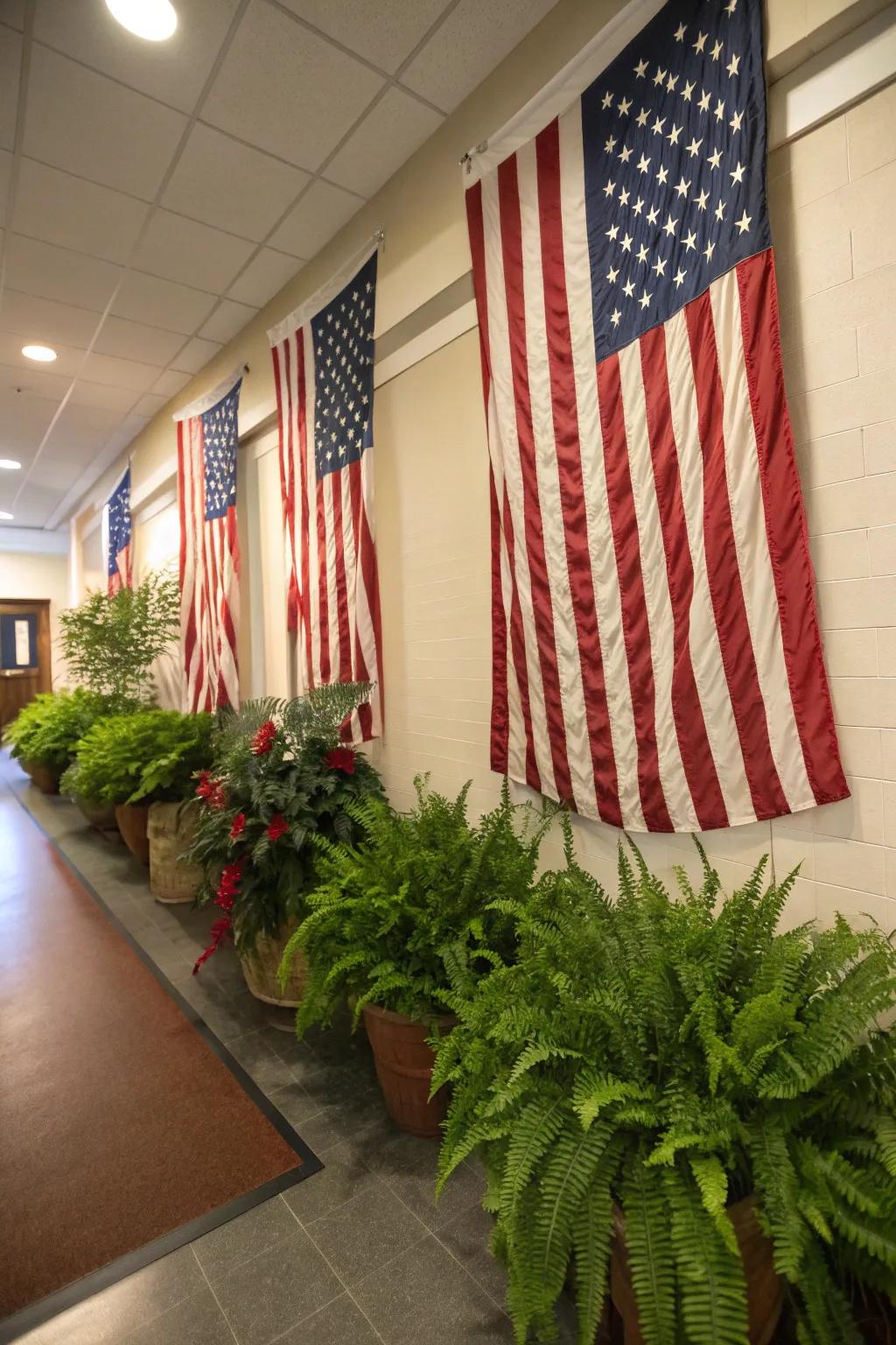 Flags paired with ferns give a fresh and vibrant style.