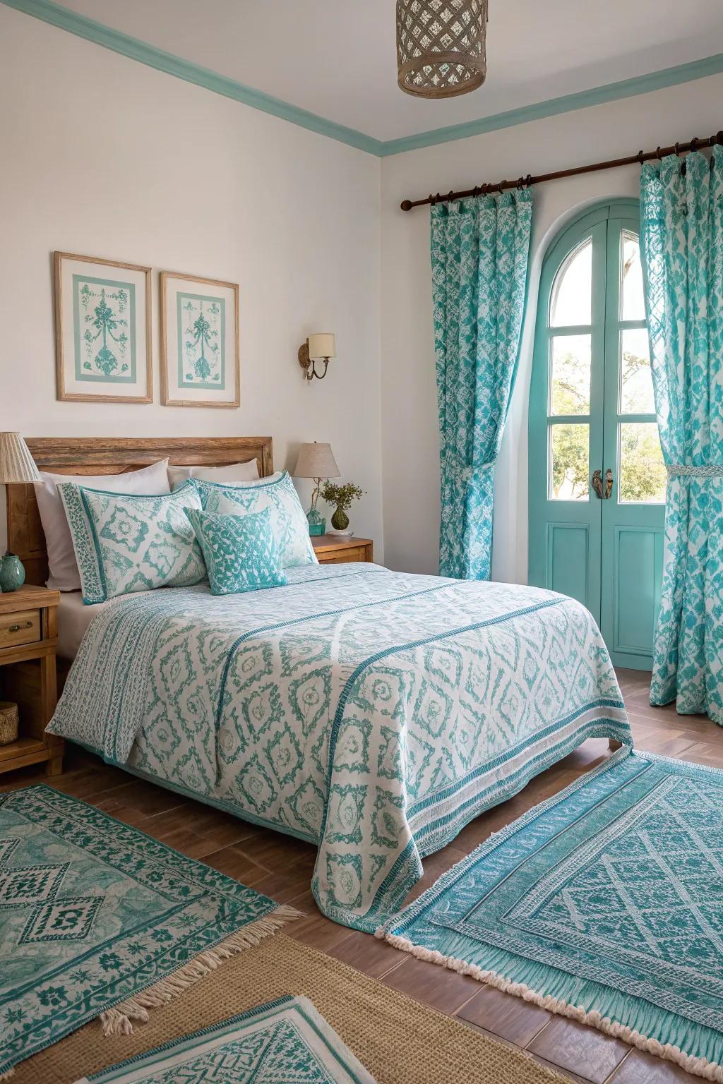 Varied patterns add visual intrigue to the bedroom.