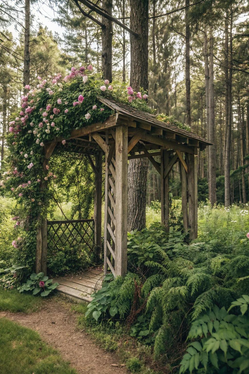 A fairy-tale inspired arbor situated in a whimsical garden setting.