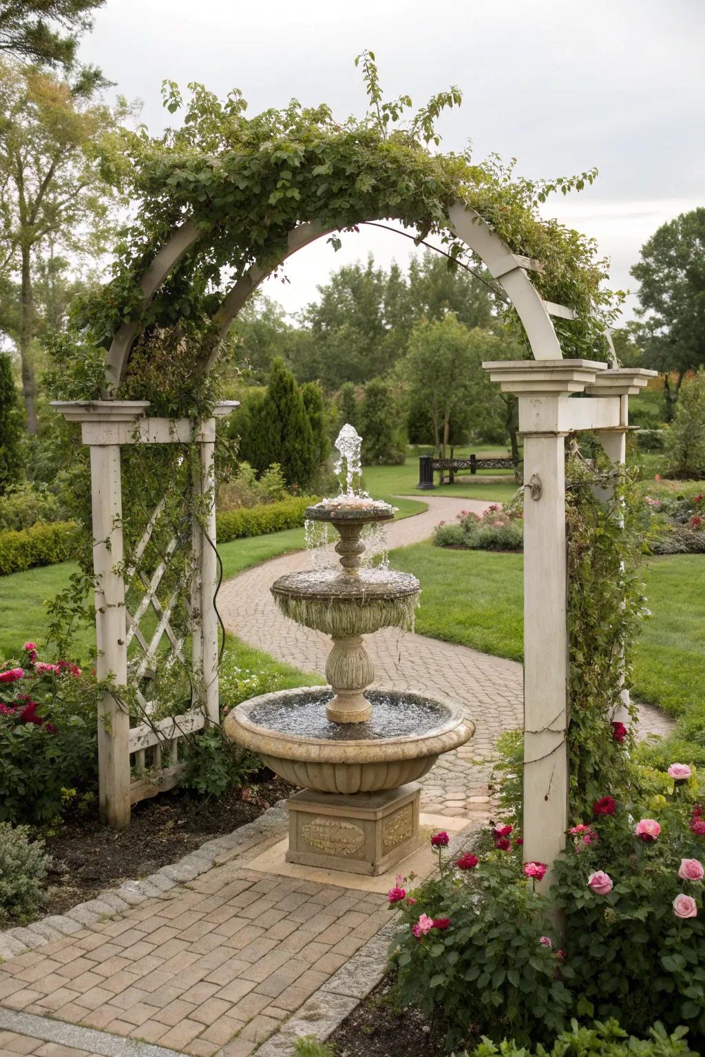 A water feature integrated with an arbor creates a serene garden atmosphere.