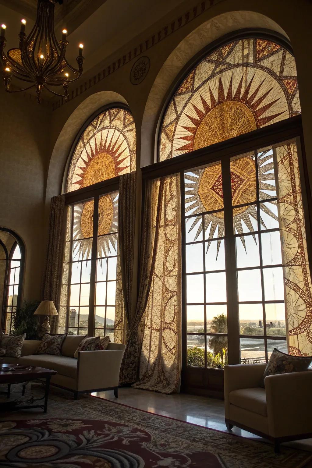 Dramatic living area featuring burst fabric design on arched windows.
