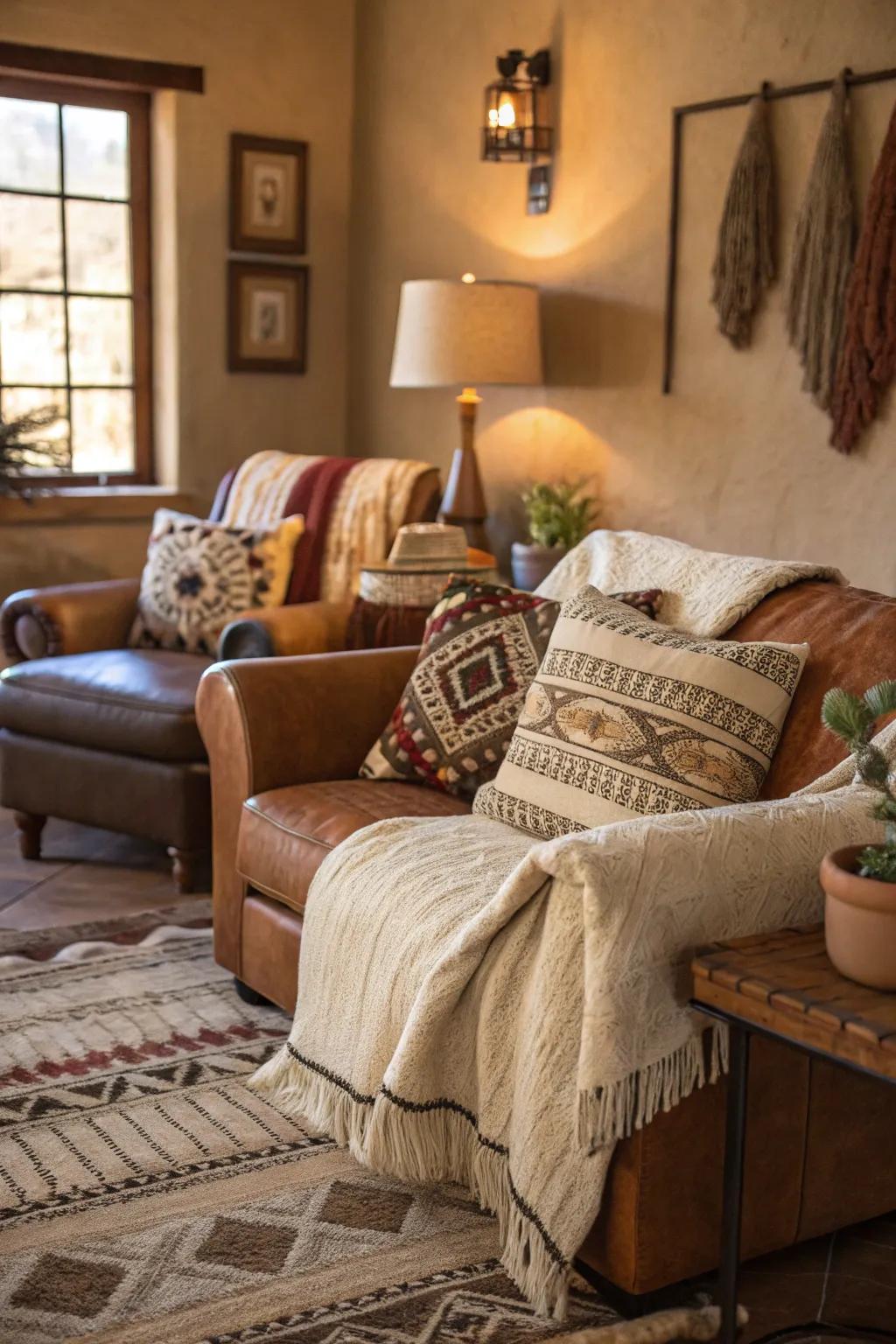 Textured throws and pillows enrich the ambiance and style of an Arizona room.