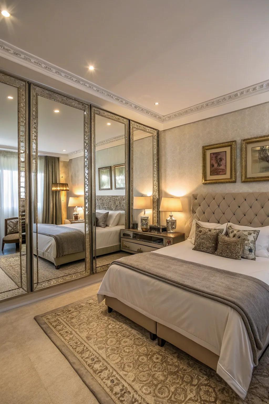 Reflective art broadens and brightens your bedroom.