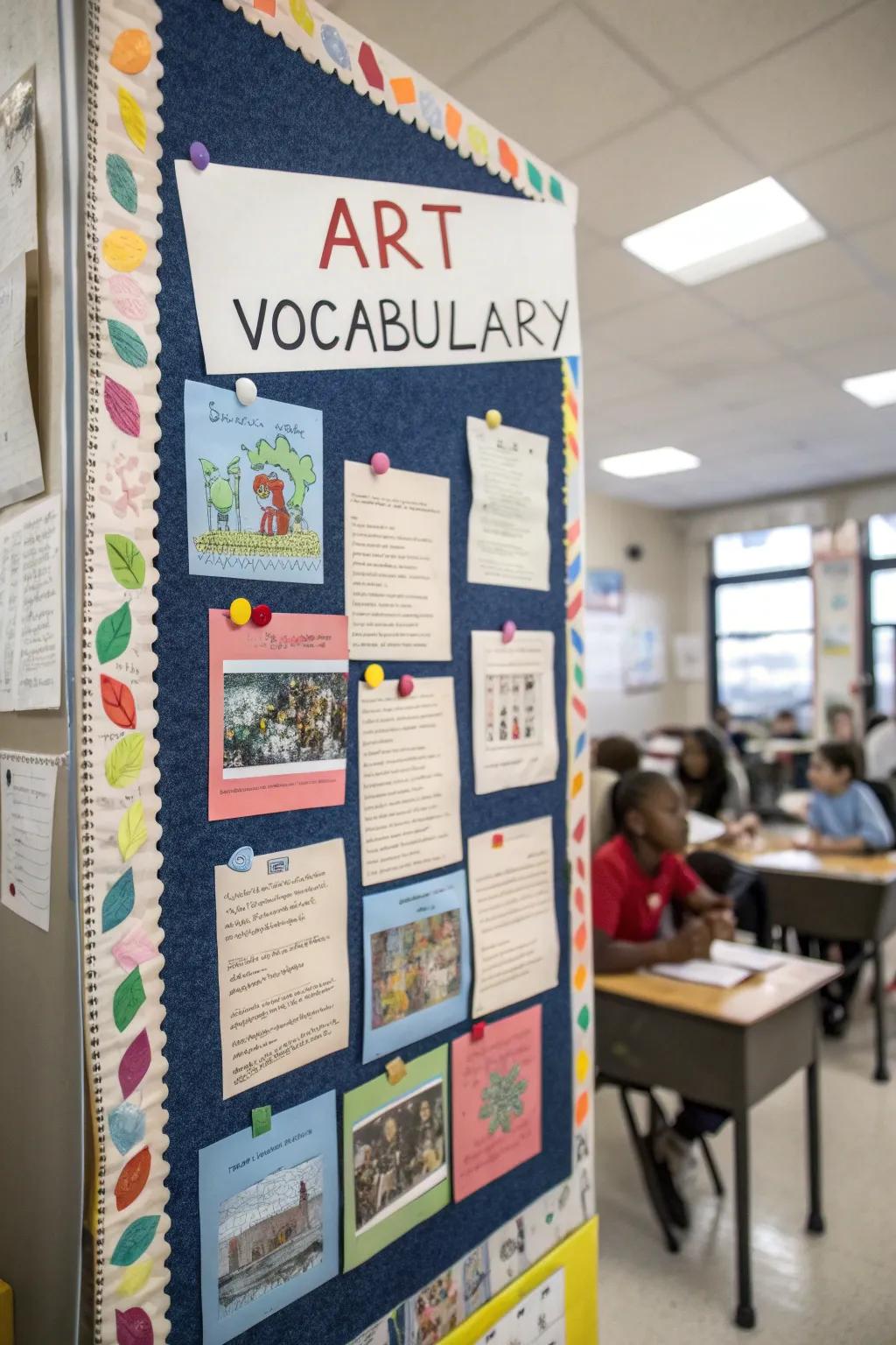 A bulletin board with art vocabulary words and definitions.