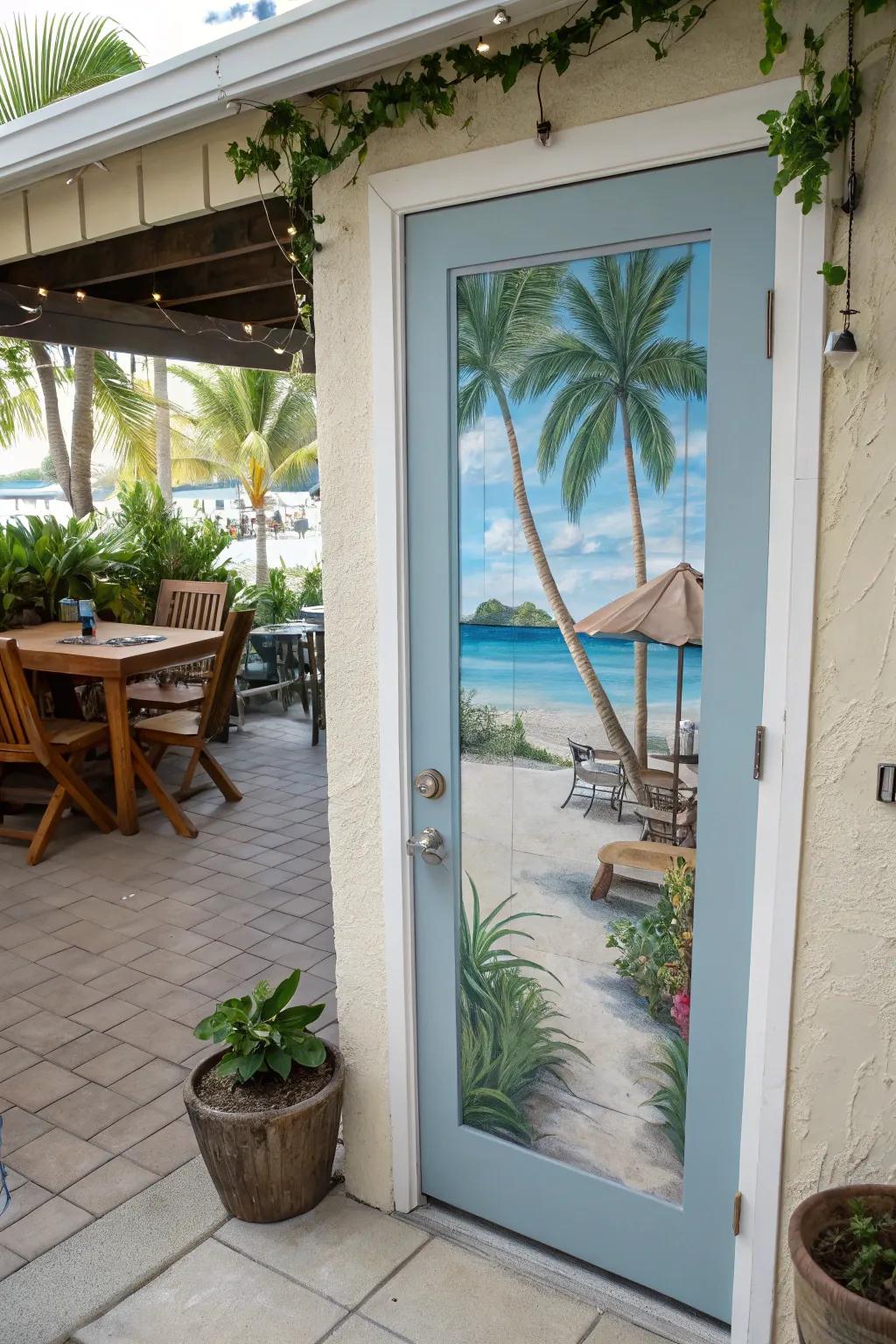 A hand-painted mural door, inviting a coastal getaway.
