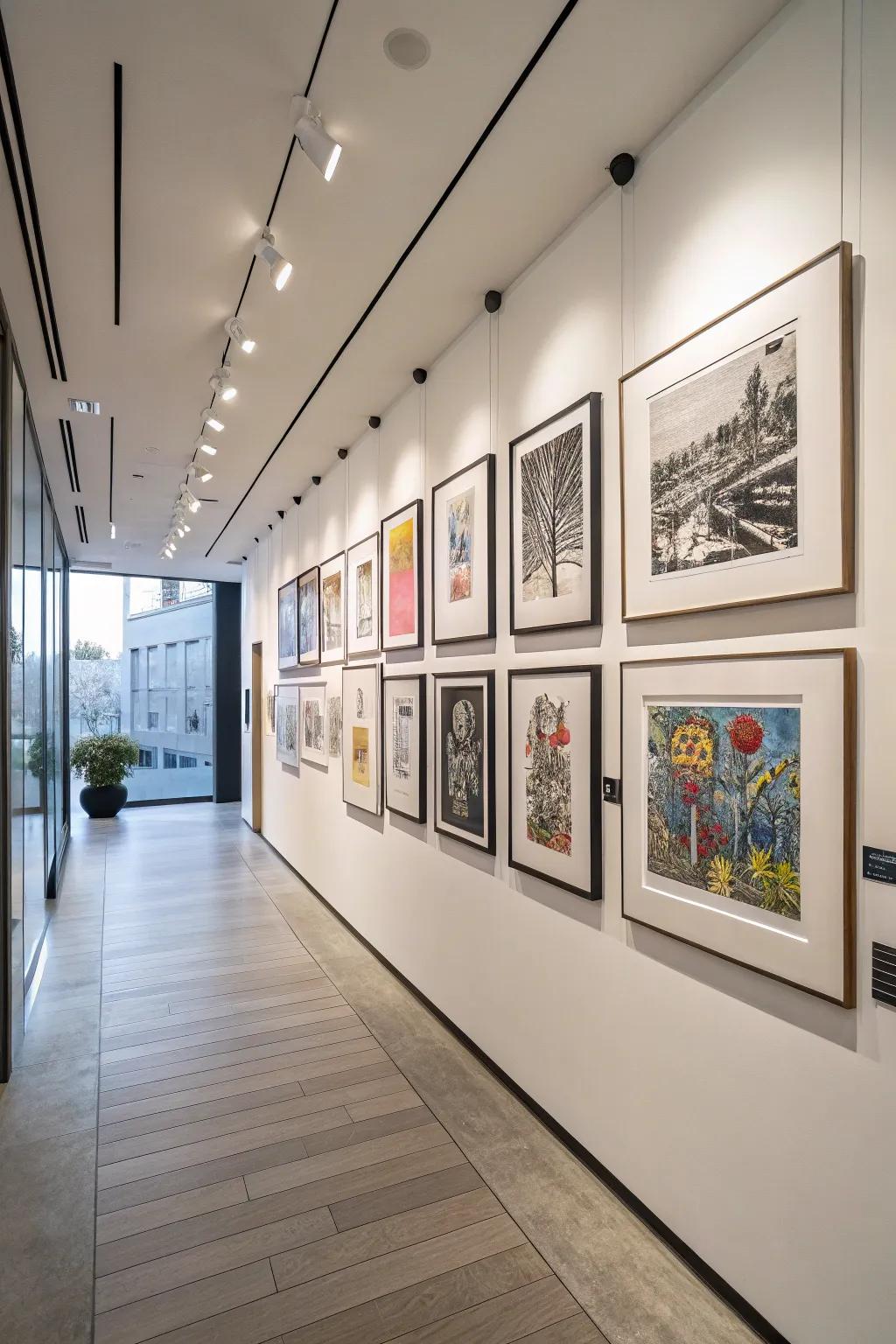 Art prints gracefully exhibited in float housings.