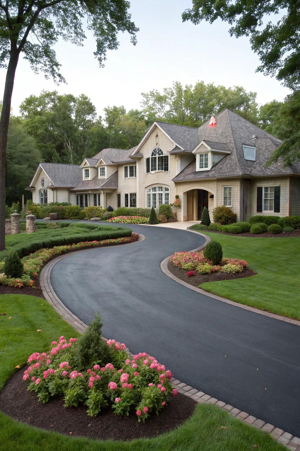 A circular driveway adds elegance and accessibility.