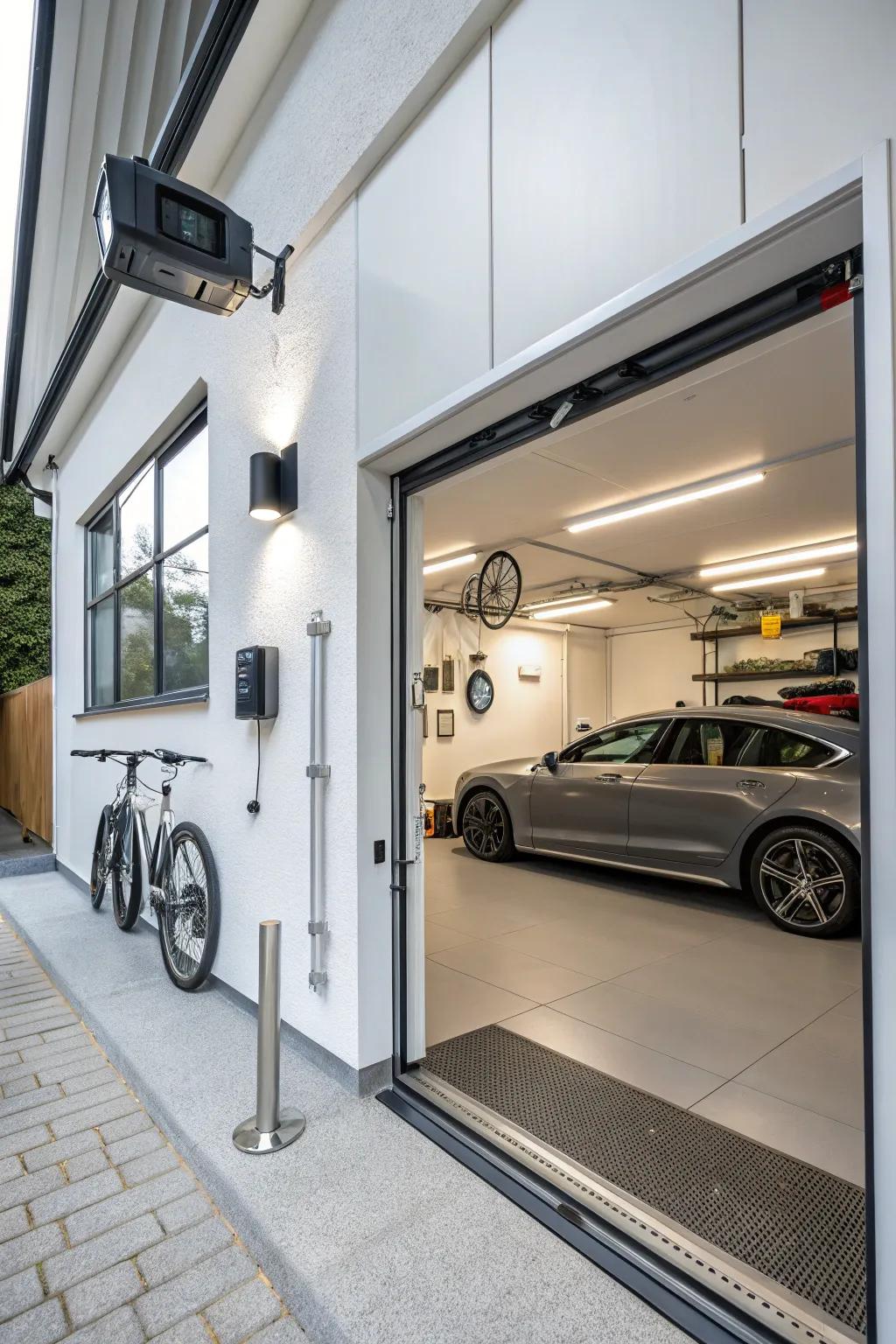 A high-tech garage fitted with state-of-the-art smart features.