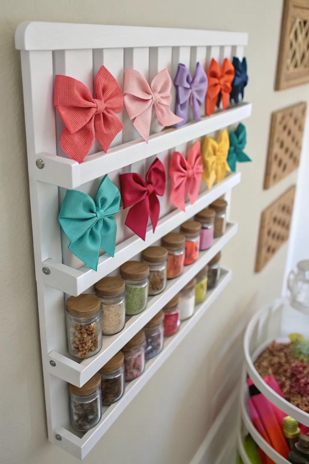 Creative application of spice racks to store baby bows.