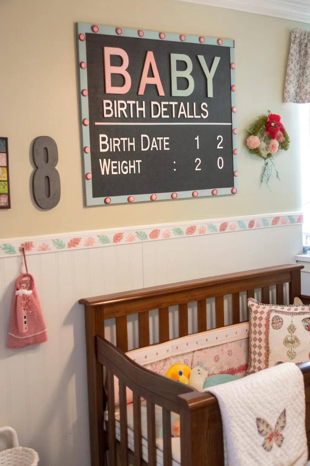 Custom scoreboard art adds a personal, themed element to the baby room.