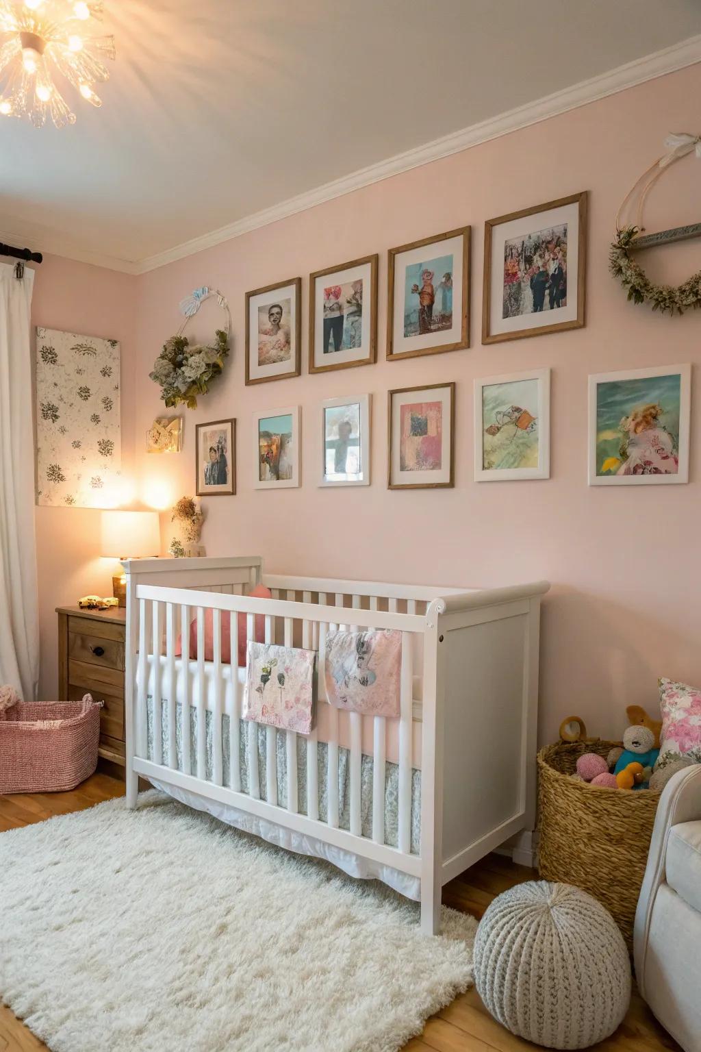 A photo display adds warmth and a personal touch to the baby corner.