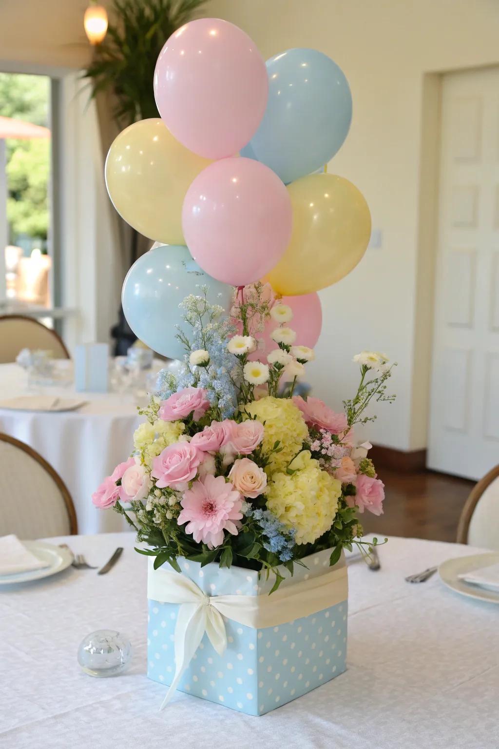 A playful centerpiece featuring balloons and blossoms