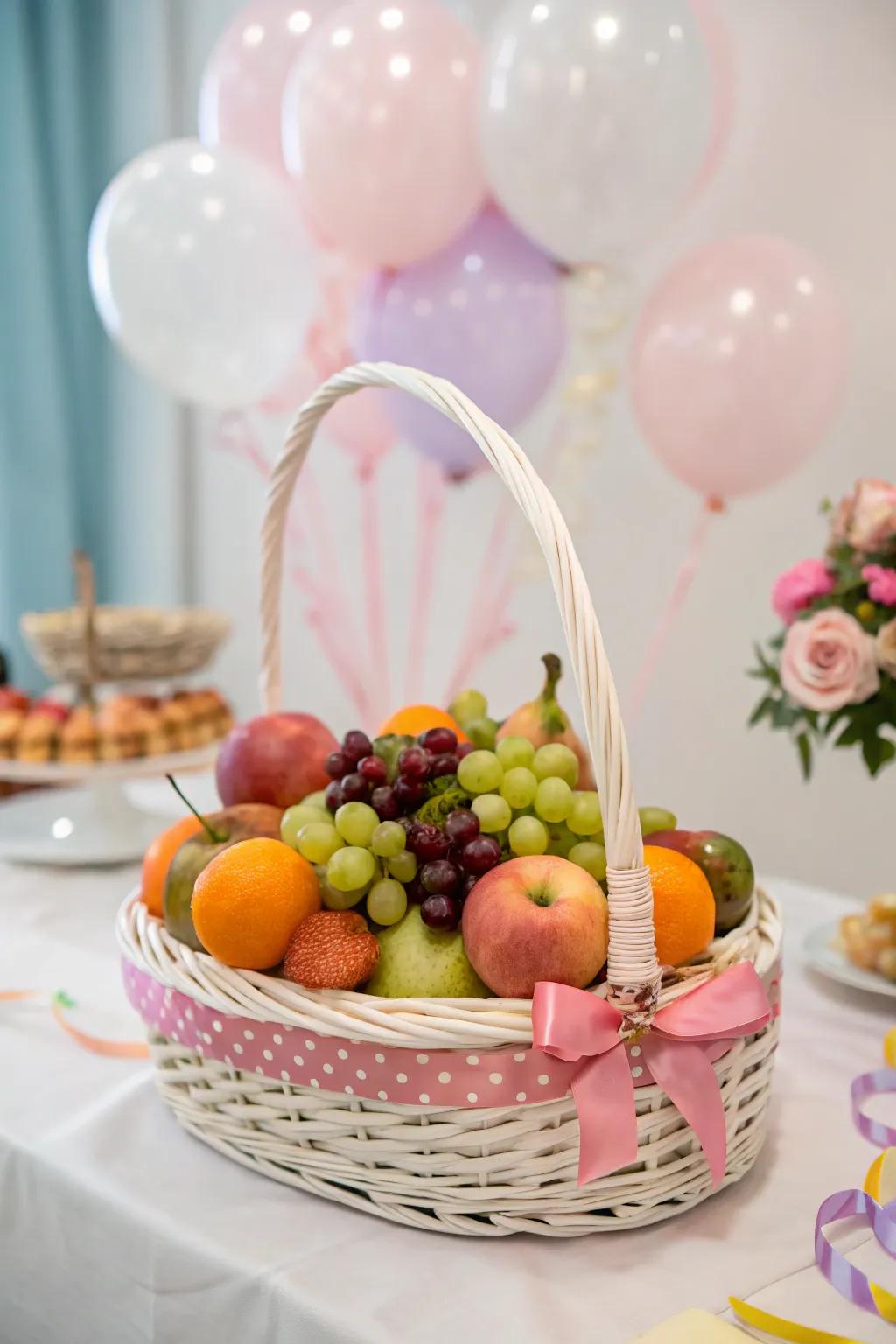 A fruit-filled basket offers vibrant color and freshness.