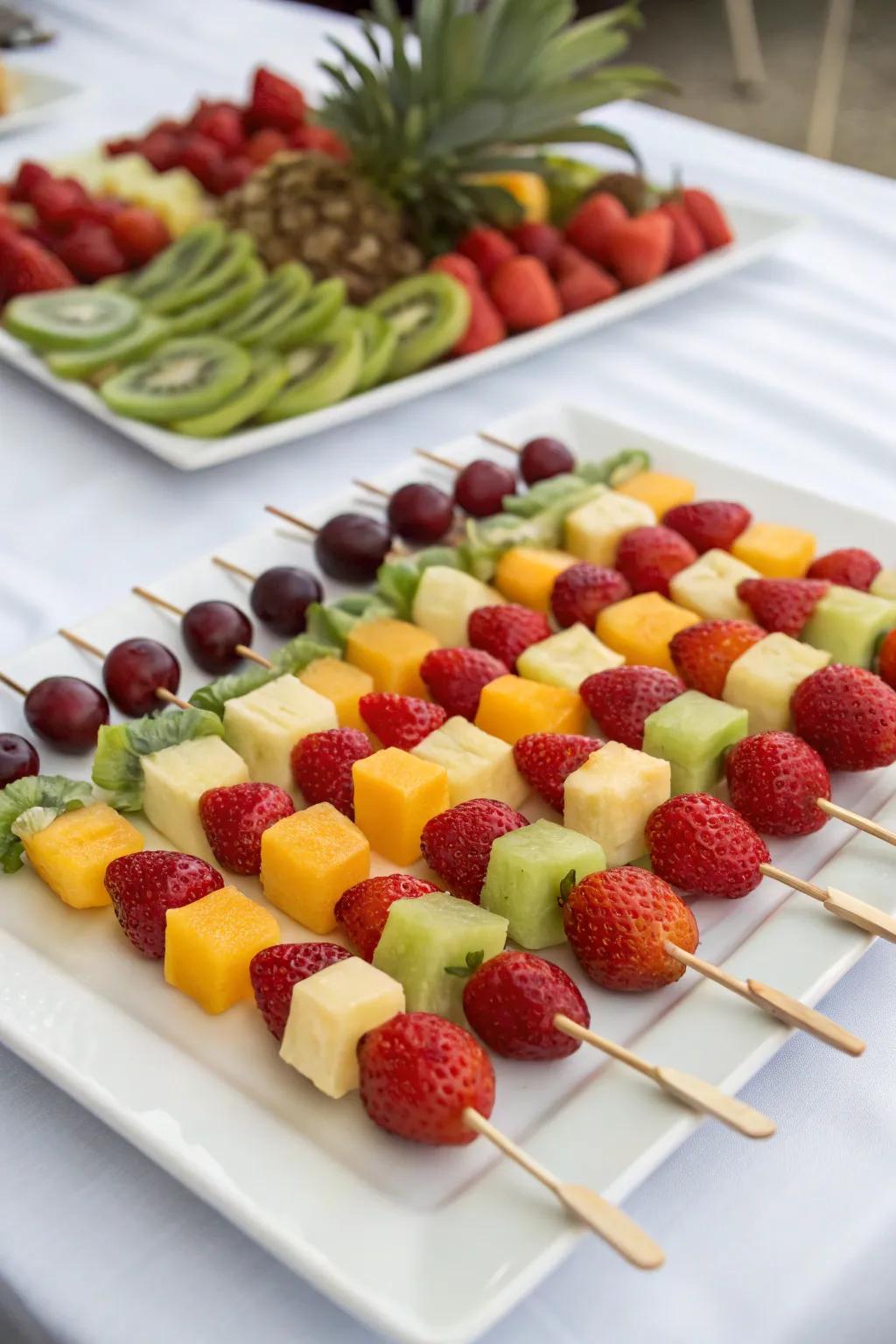 Colorful fruit wands arranged gracefully.