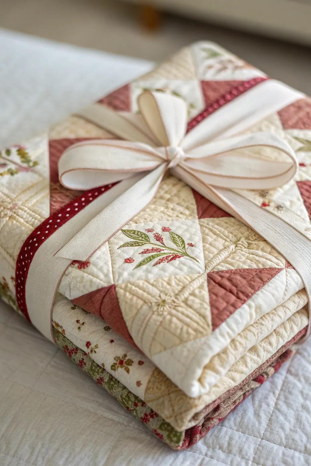 A snug and unique gift wrap utilizing a stitched textile, ideal for a baby shower.