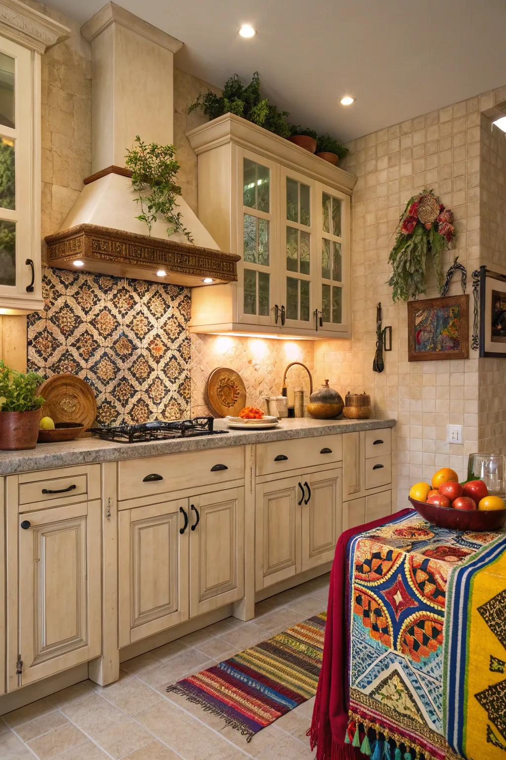 Land panels bring a splash of color and culture to the kitchen.