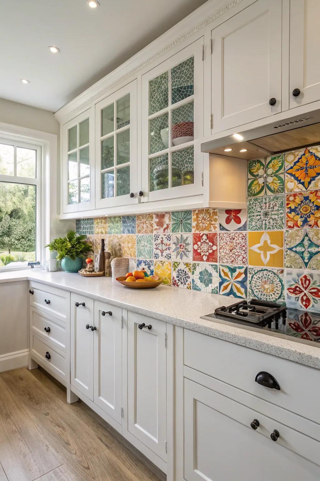 Colorful ceramic tiles add vibrancy to this white kitchen.