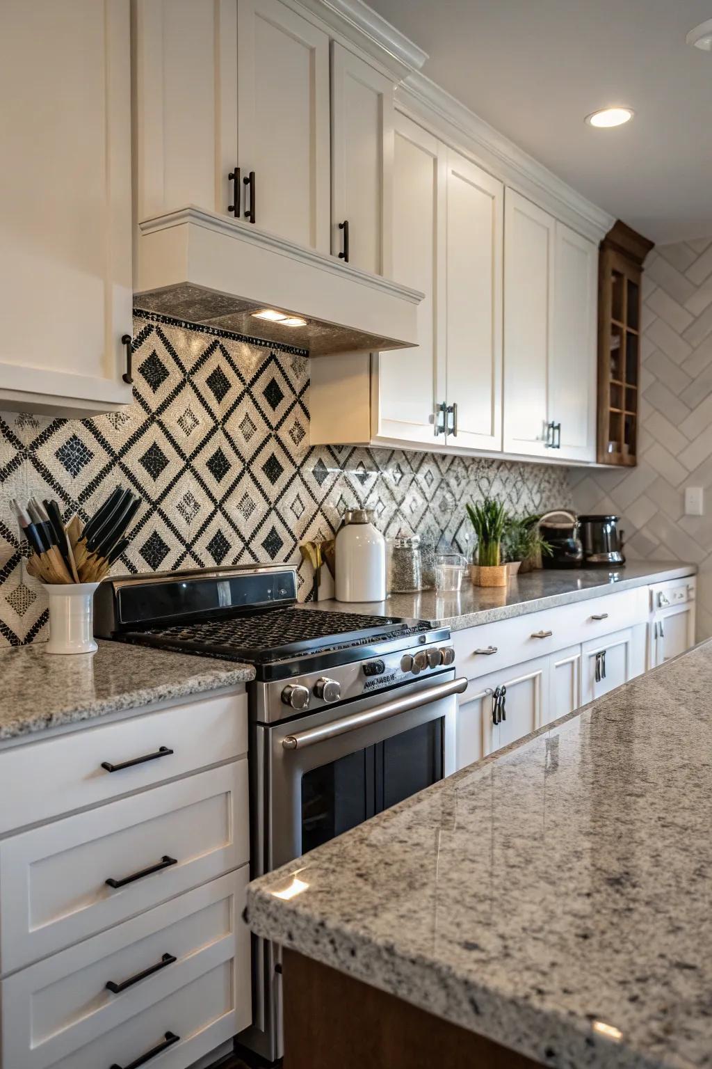 Black and white tiles create a dramatic contrast with fantasy brown granite.