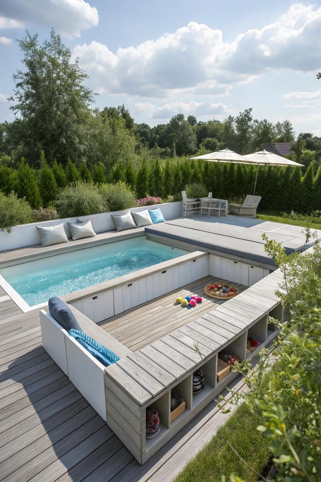 Hidden storage keeps your pool deck neat and organized.