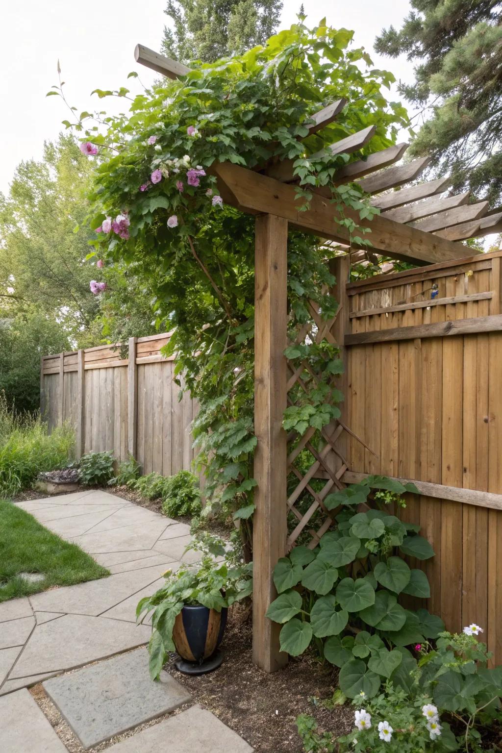 A timber trellis offers support and visual intrigue.
