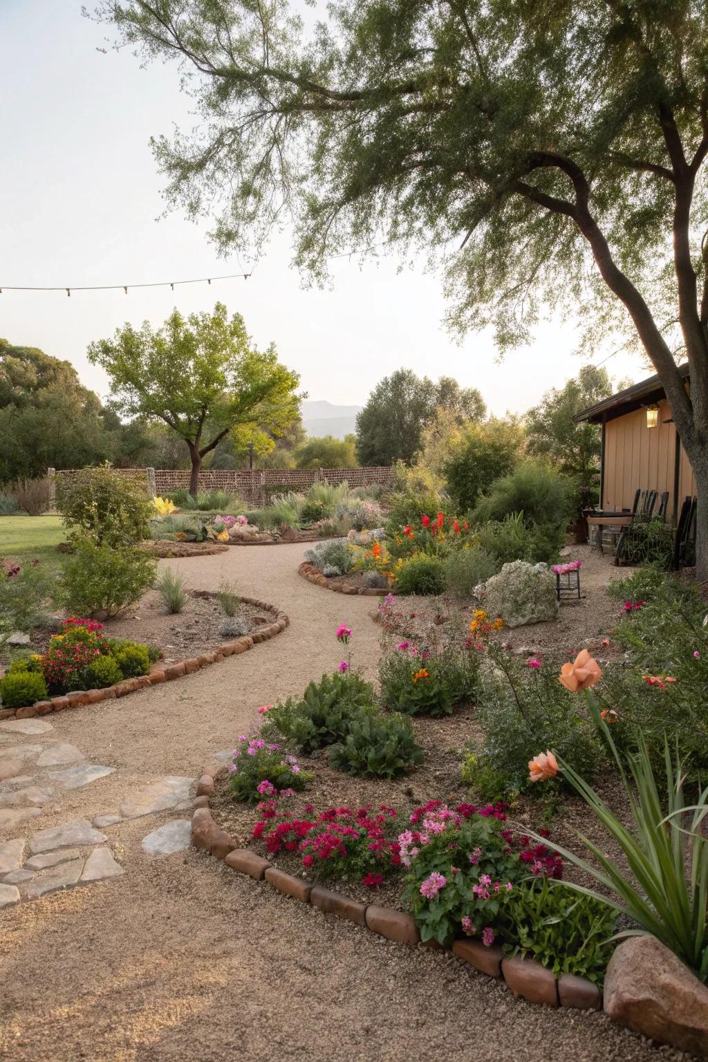 Decomposed granite as ground cover offers weed prevention and enhanced drainage.