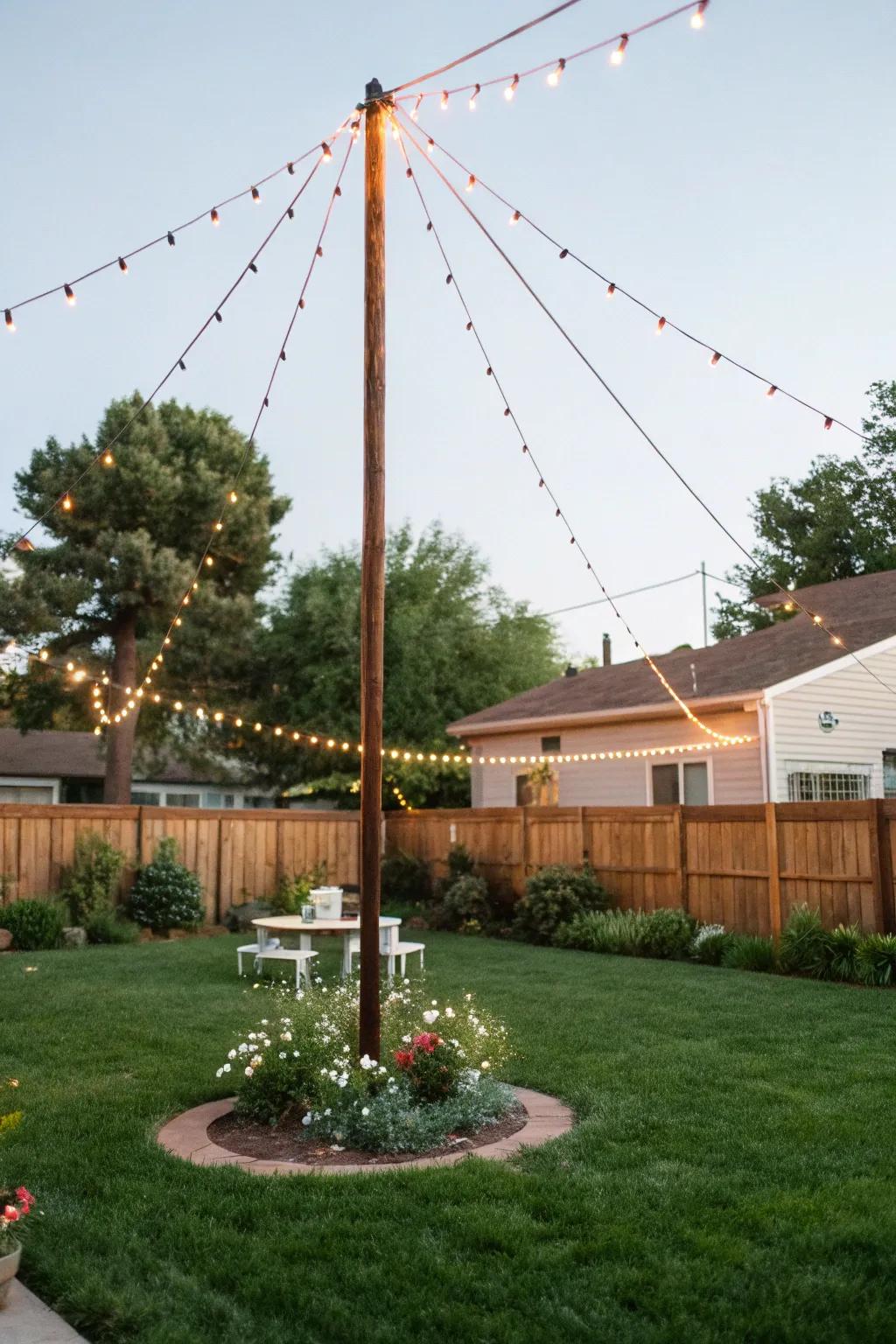 A center pole with twinkle lights creates a dramatic focal point.