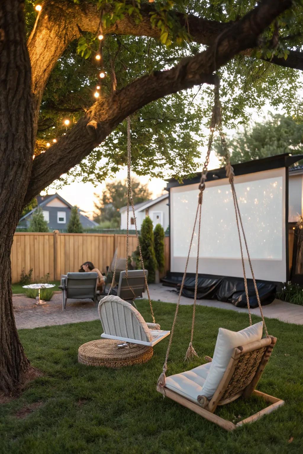 Swinging chairs offer a playful and comfortable seating option.