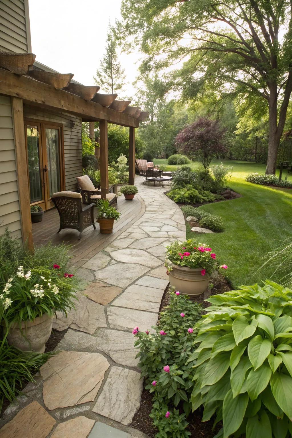An unusual stone pathway leading to the patio.