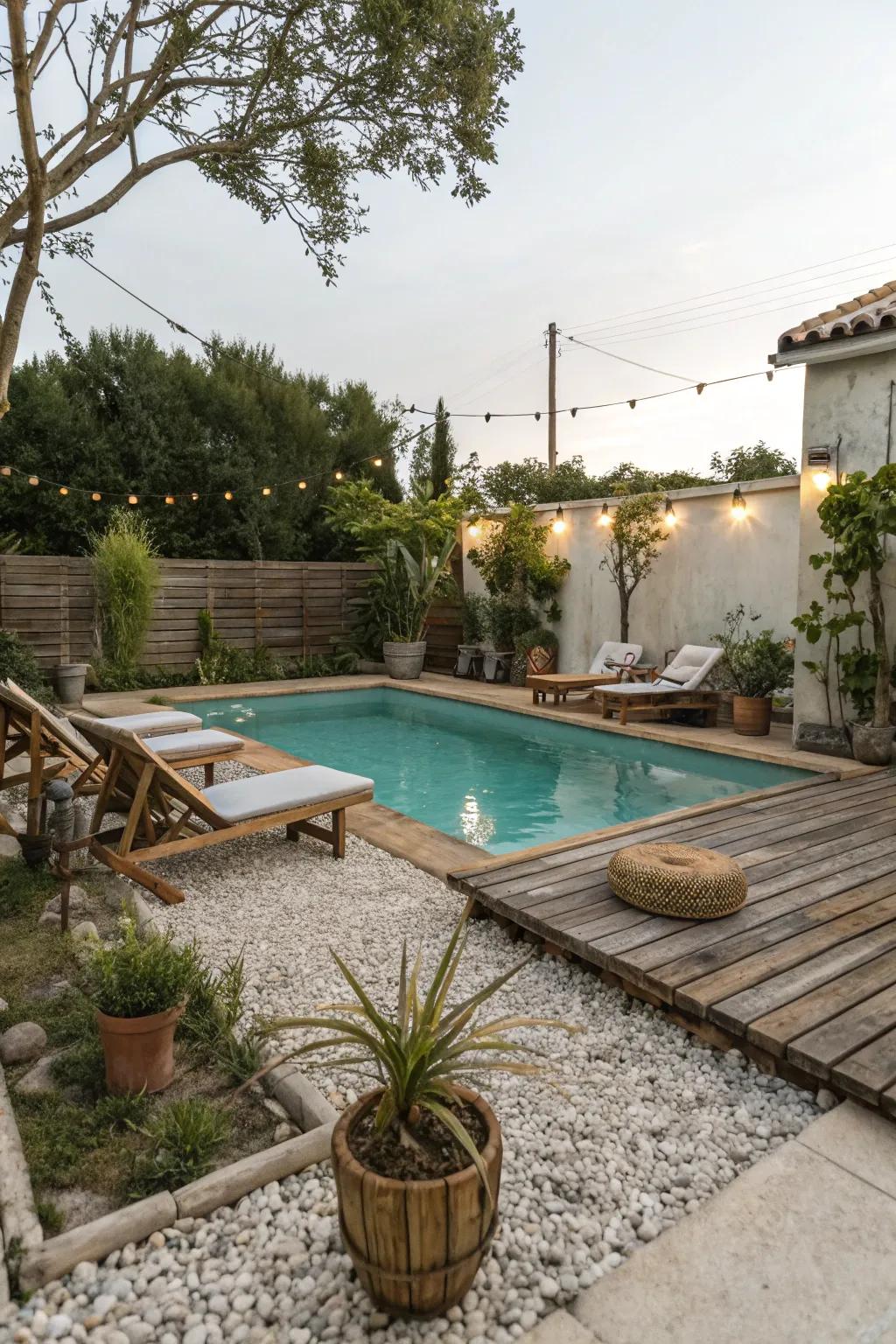 An unrefined pool perimeter constructed from natural crushed rock.
