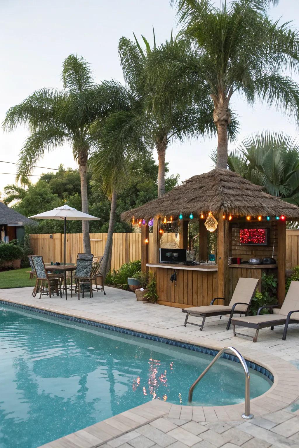 A mini Polynesian bar appends a tropical and cheerful touch to the pool vicinity.