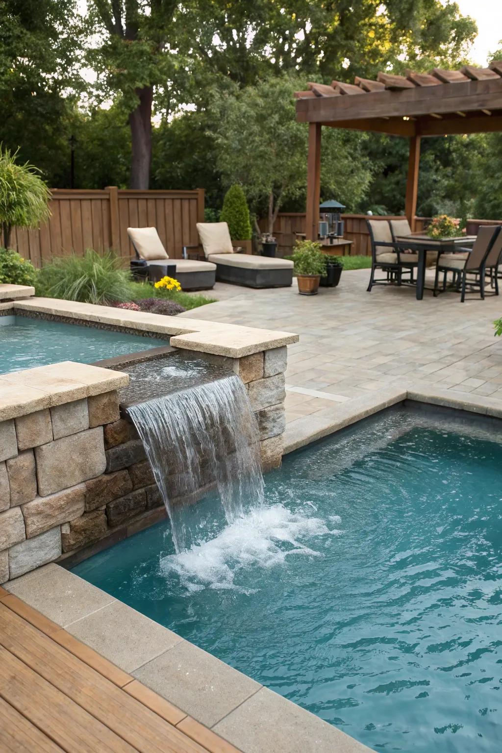An integrated seating zone encourages repose alongside your cascade.
