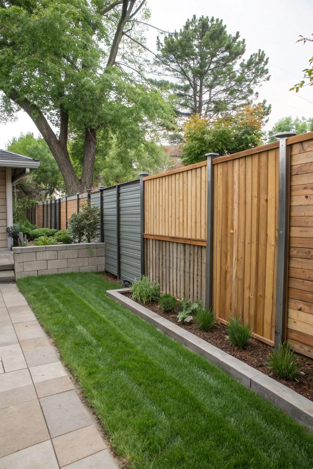 A creative mix of materials forming a stylish privacy barrier.