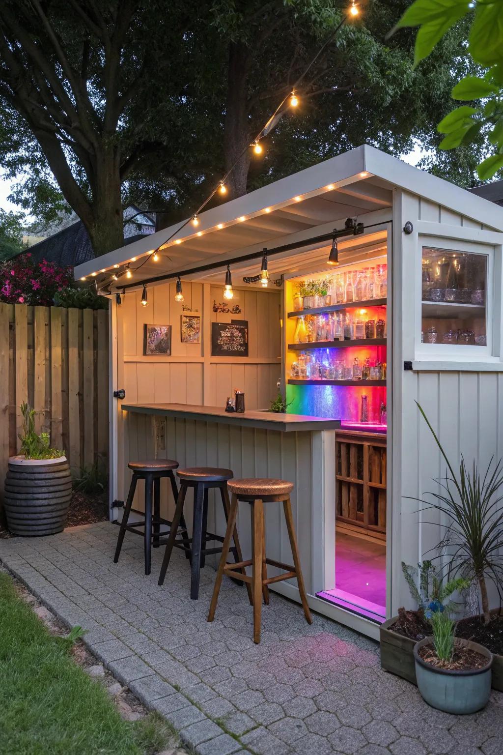 An inviting outdoor bar set within a backyard shed.