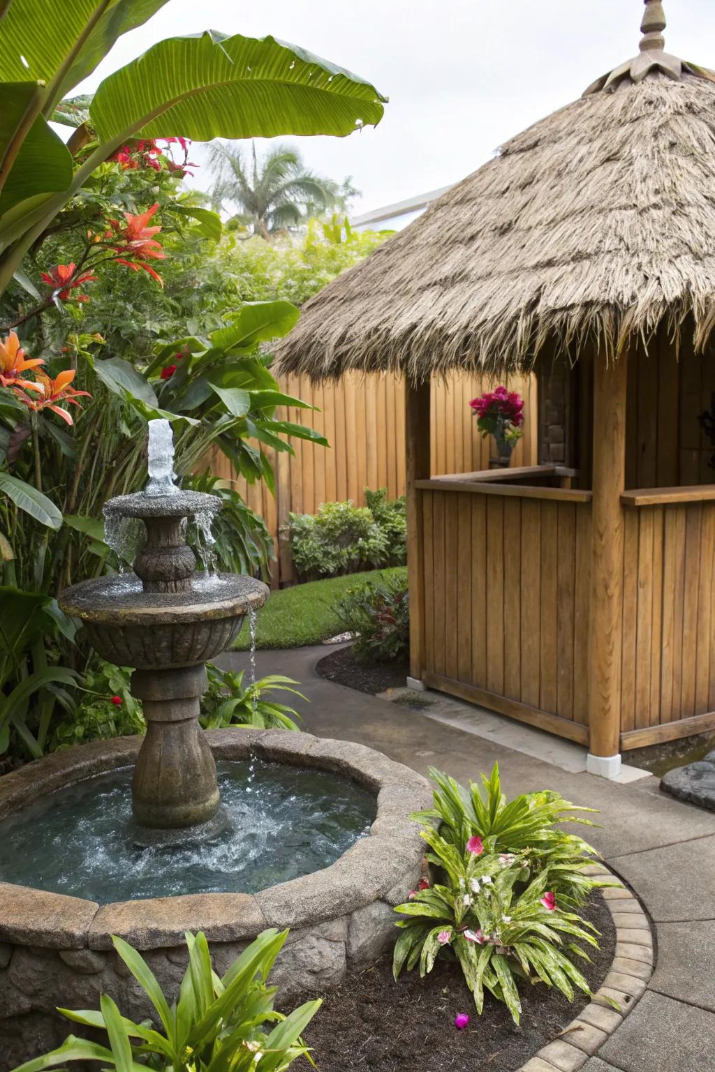 A water feature creates peace and becomes a centerpiece of your tiki area.
