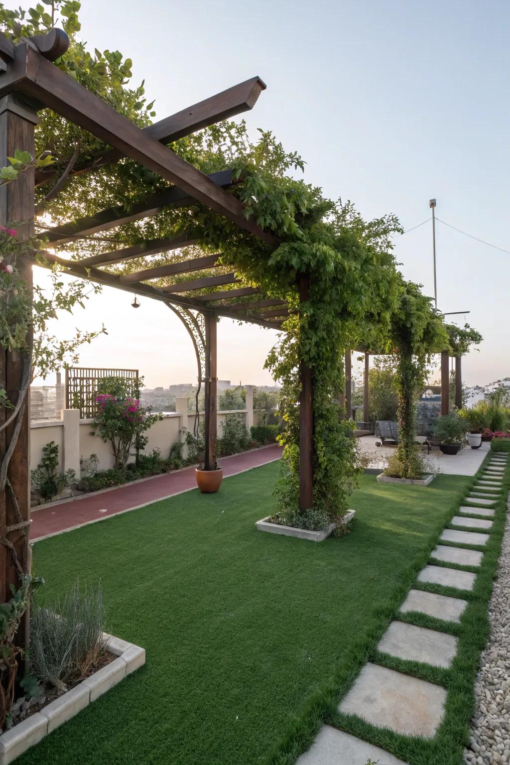 A shady pergola offering comfort above artificial turf.