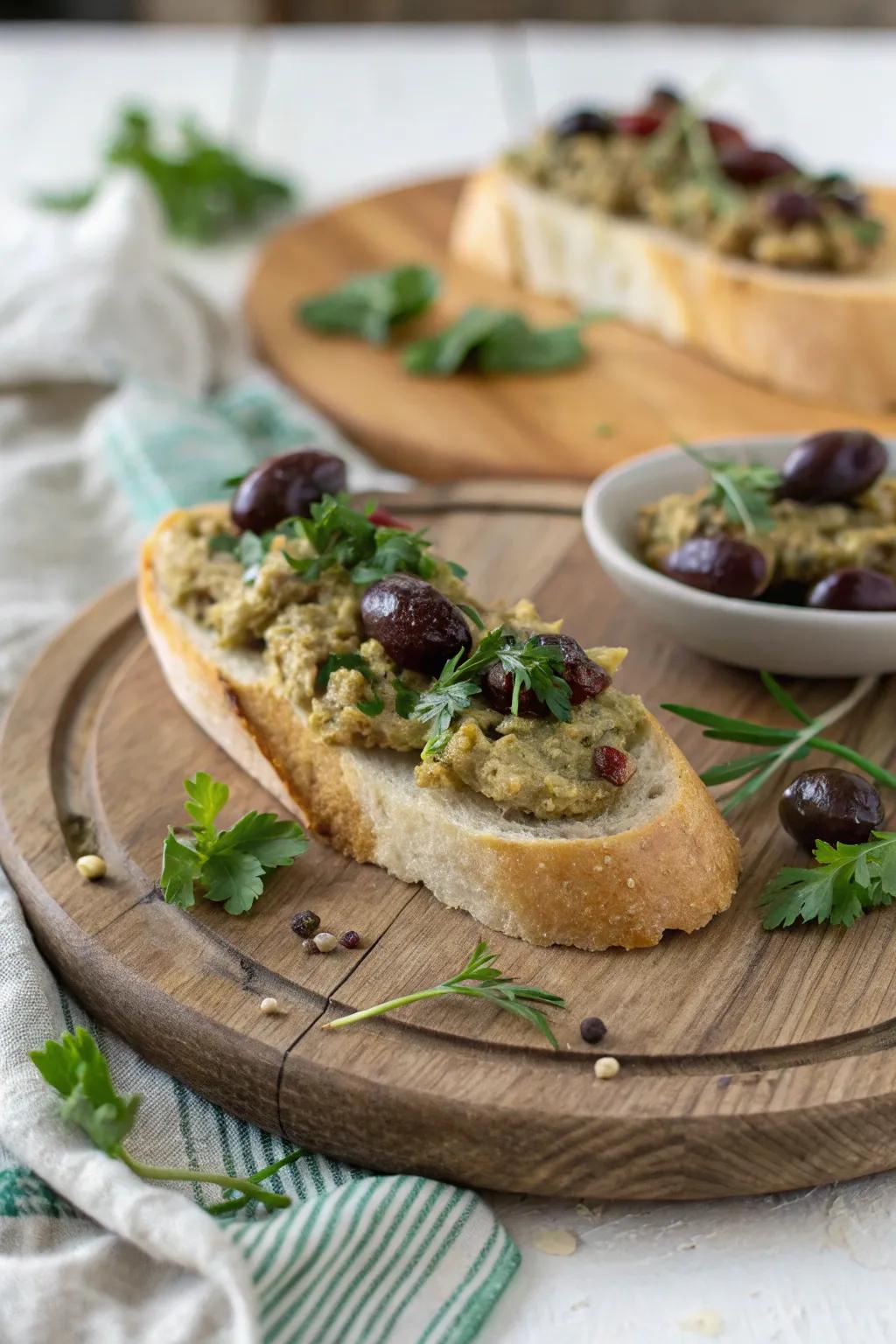 A Mediterranean-inspired baguette with artichoke and olive paste.