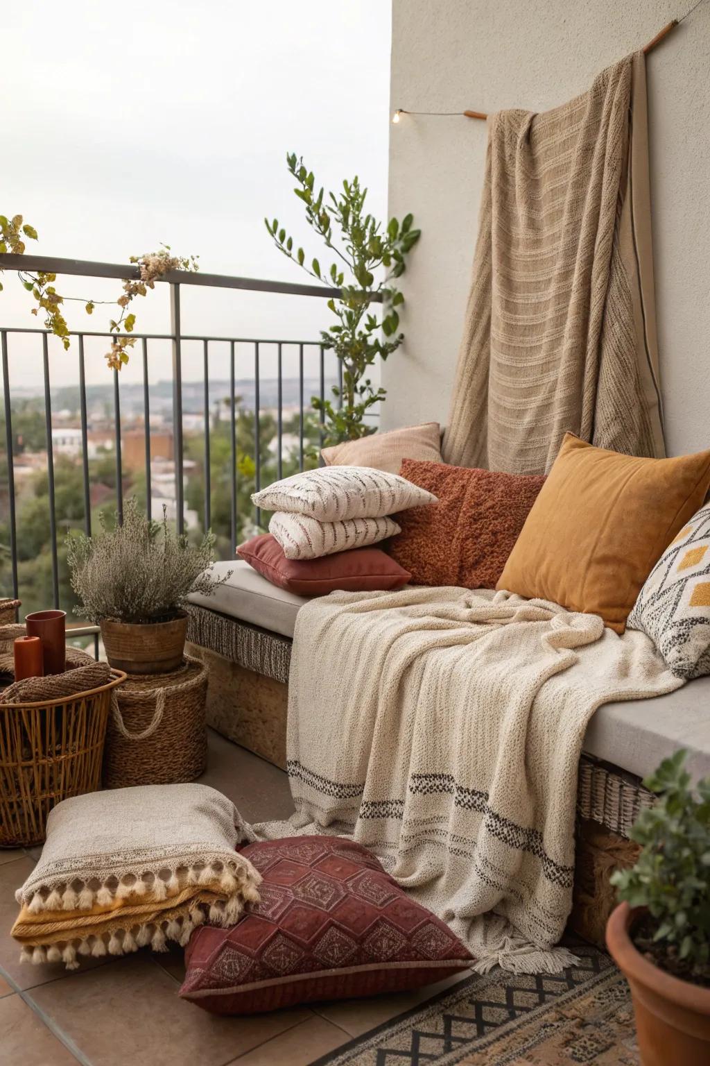 Layering textures adds depth and warmth to your balcony.