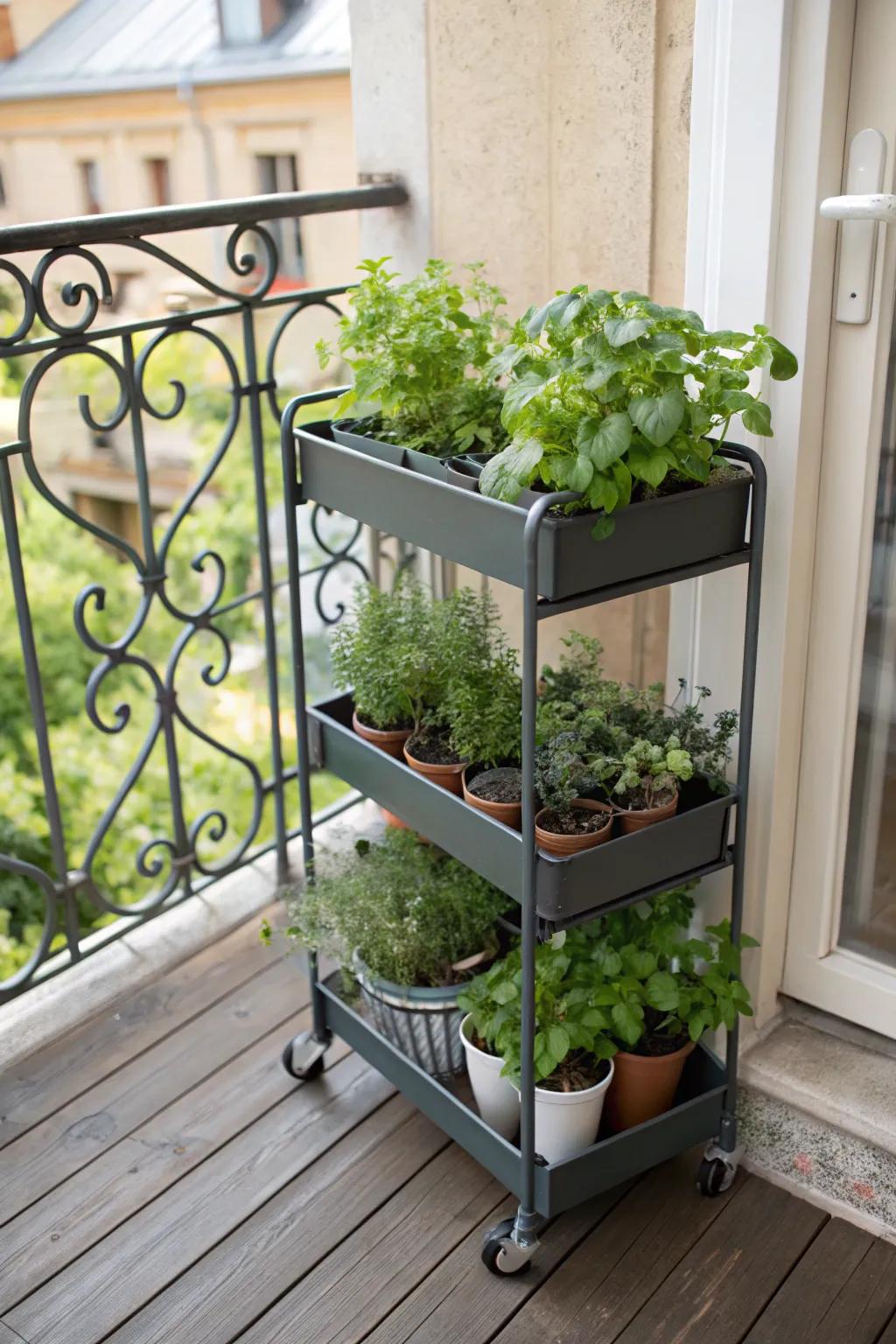 A rolling herb trolley is useful and looks great in small spaces.