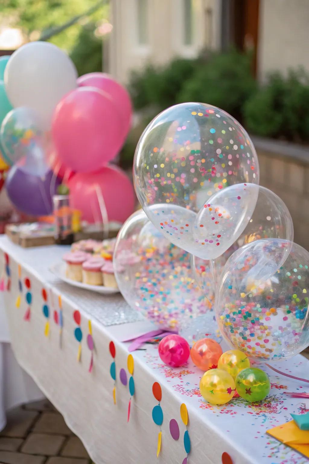 Confetti-filled balloons add a playful surprise.