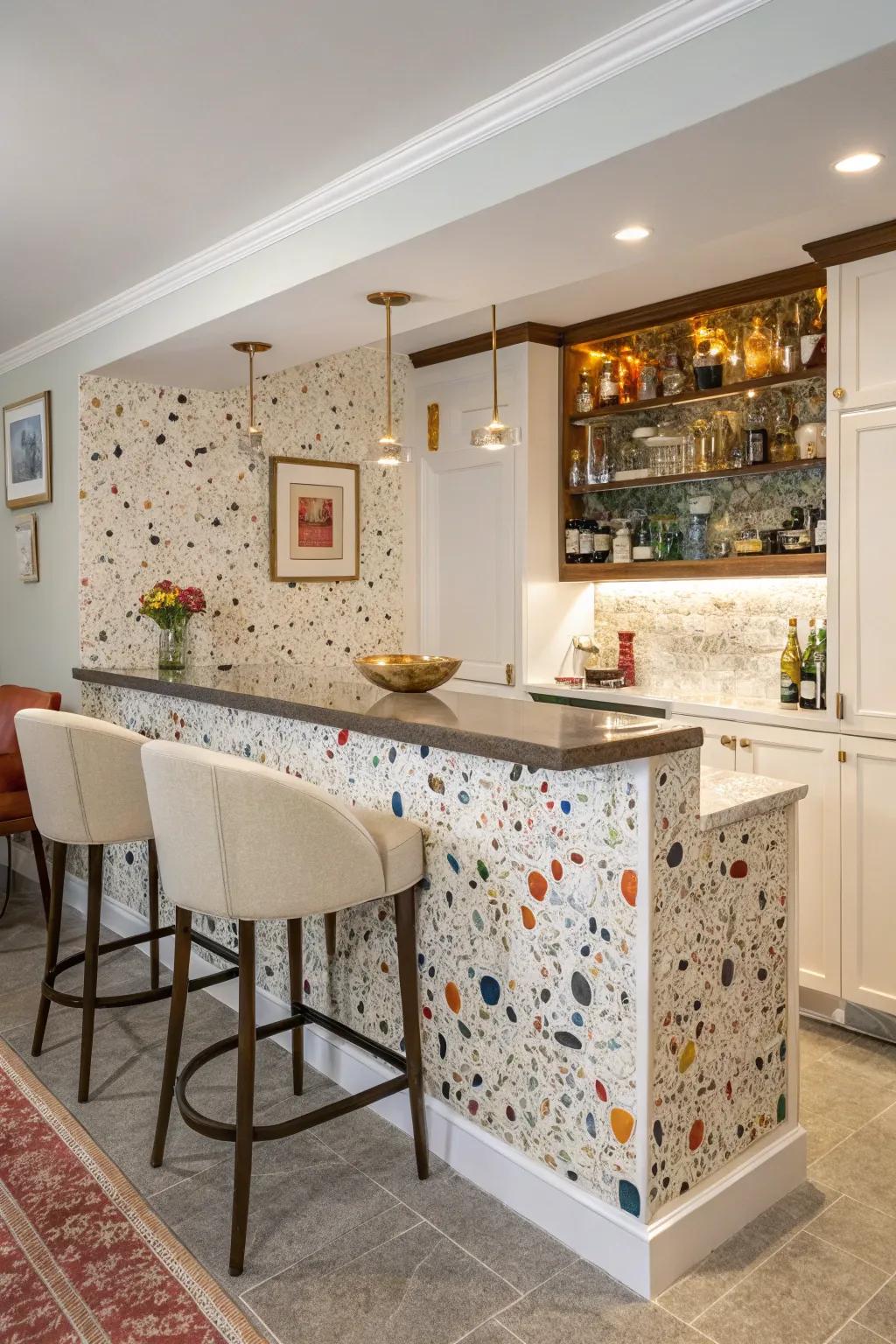 A home bar with a scattered stone tile backsplash in colorful speckled arrangements.