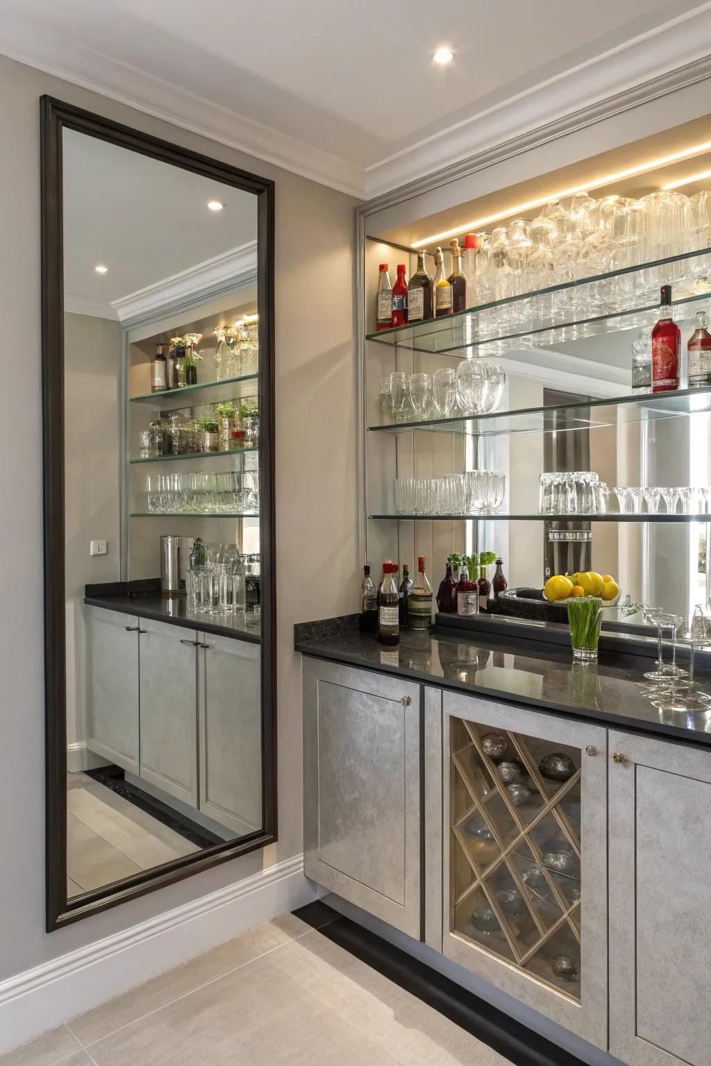 Mirrored corner bars make efficient use of space.