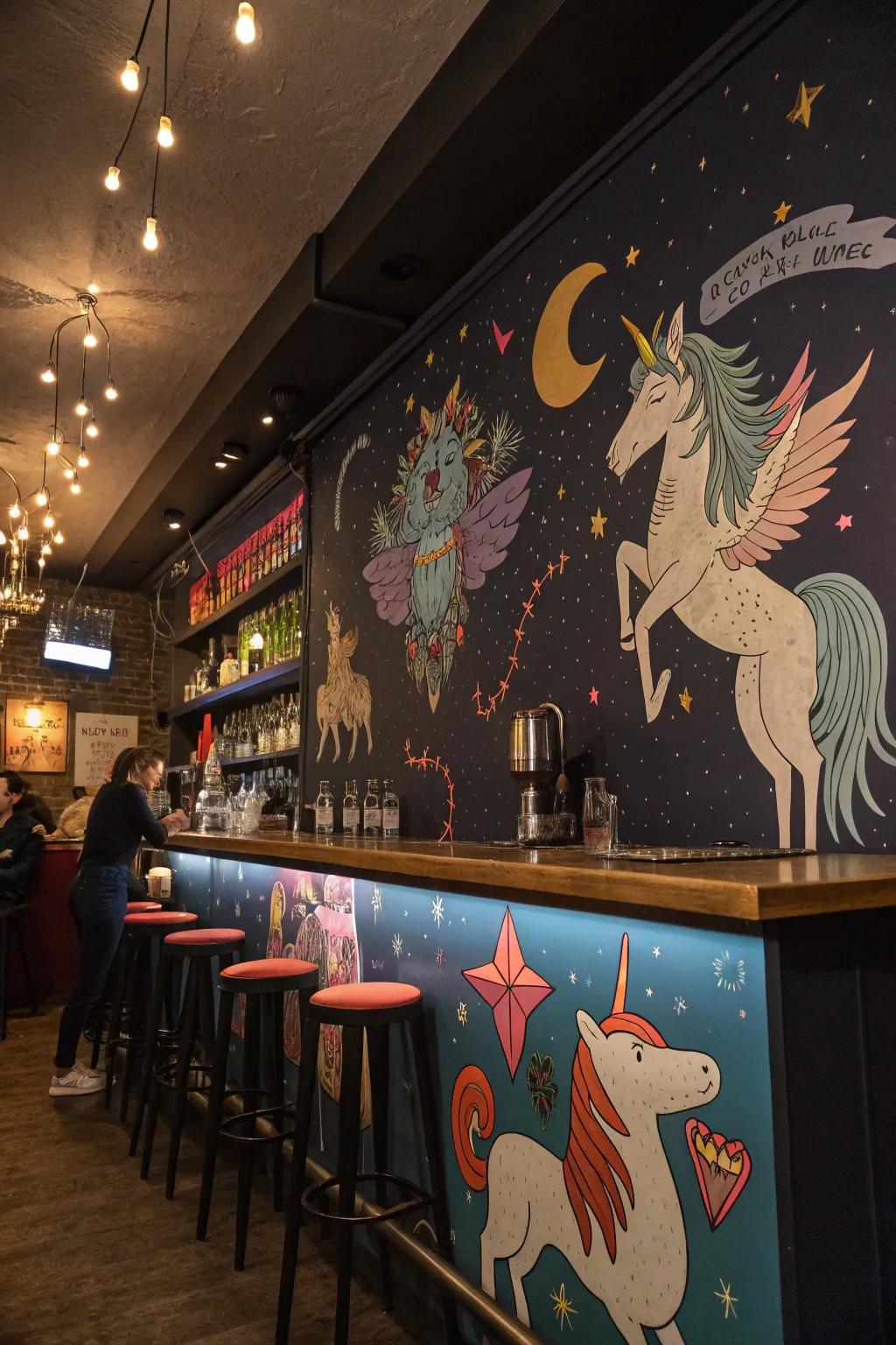 Whimsical art adds a light and fun touch to your bar.