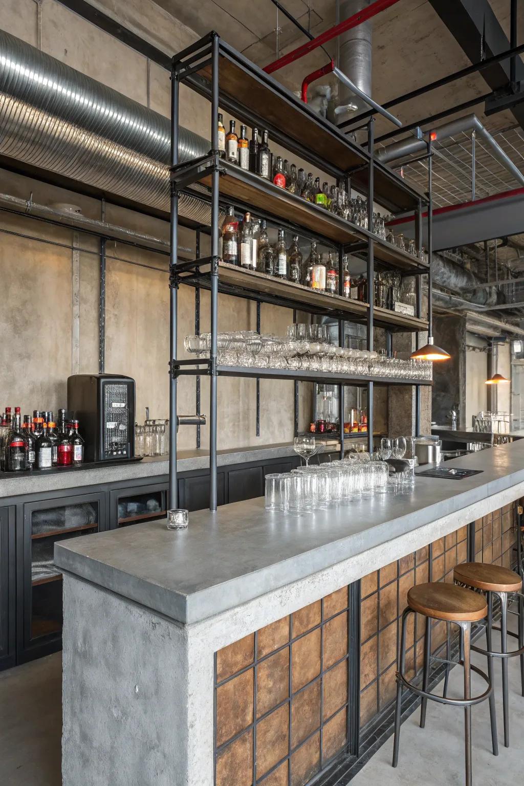 Industrial accents offer a modern, edgy bar aesthetic.