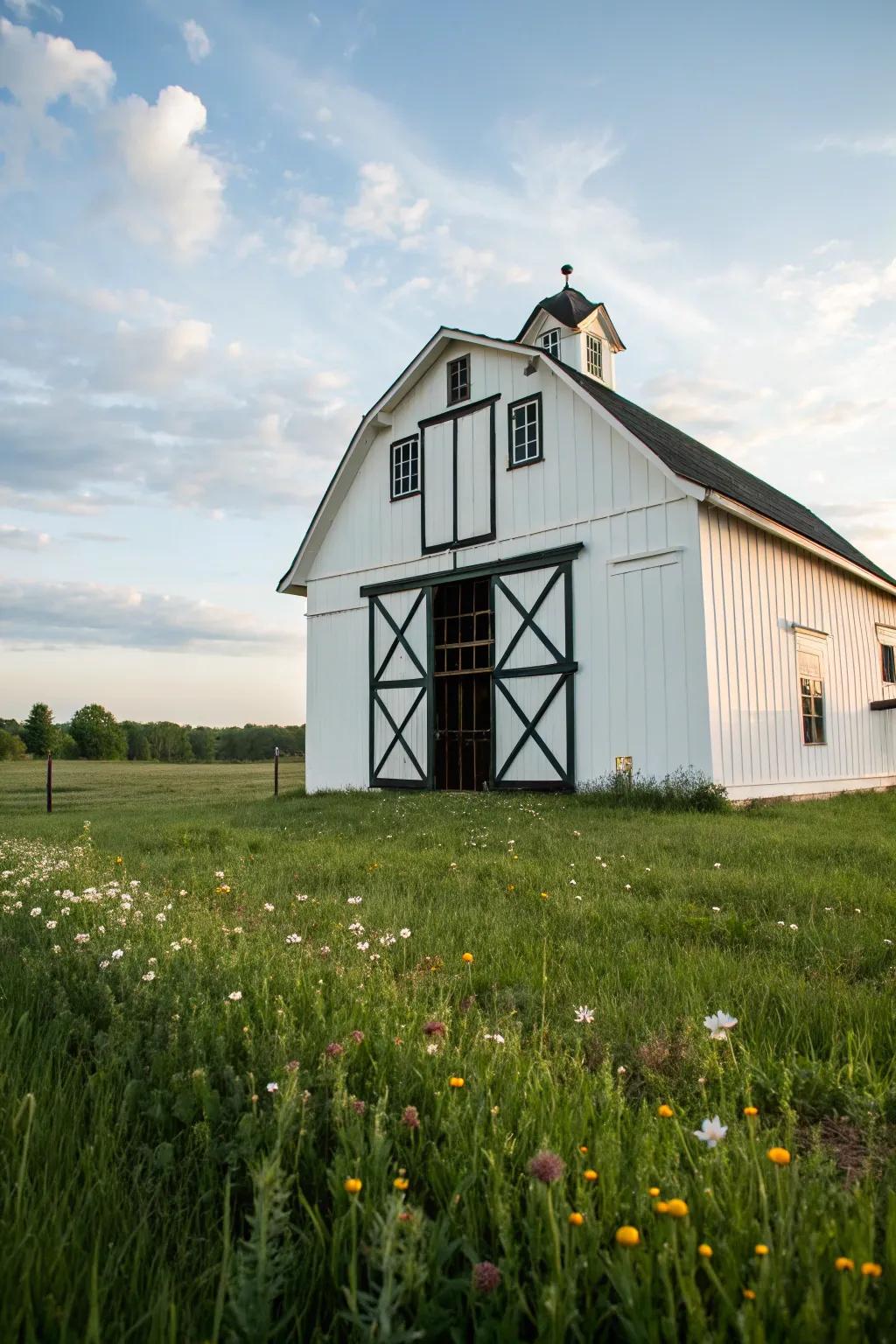 A striking ivory and onyx barn that stands out with its bold contrast.